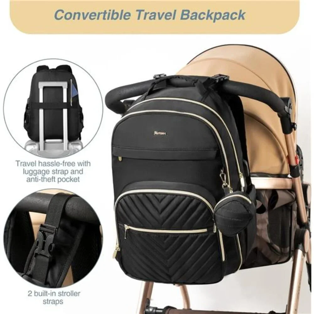 MOMUVO Diaper Bag Backpack, Quilted Baby Bag with Changing Pad & Stroller